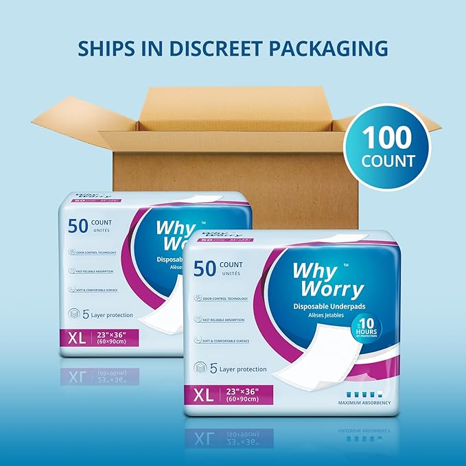 WhyWorry Extra Large Disposable Bed Pads 23" x 36", Super Absorbent Leakproof Incontinence Underpads for Surface Protection, Quilted Chucks Pee Pads for Adults and Babies, 100 Count (2 Packs of 50)