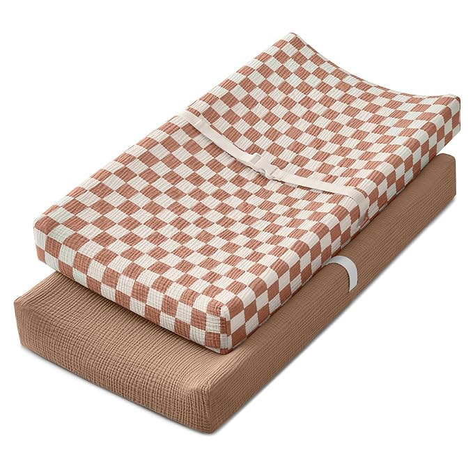 Blissful Diary Muslin Changing Pad Cover for Girls Boys, Ultra Soft Breathable Cotton, Baby Diaper Change Table Pad Covers, 2Pack (Checkered Brown & Brown)