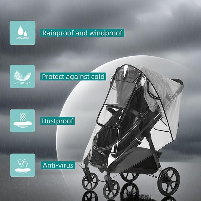 Stroller Rain Cover, Baby Stroller Rain Cover Universal Plastic Stroller Cover, Rain Cover for Stroller, Windproof and Waterproof with Waterproof Zip, Good Air Circulation, Food-Grade EVA Material