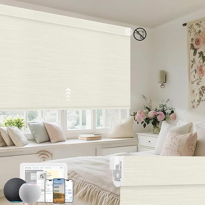 Kincmo No Drill Motorized Blinds with Remote, 100% Blackout Roller Shades for Windows, Custom Electric Blinds Compatible with Alexa, Apple Homekit, Google Home (100% Blackout Dreamy Warm)