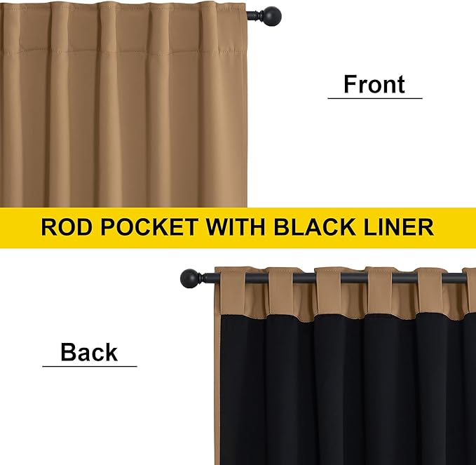 NICETOWN Gold Brown 100% Blackout Curtains for Bedroom, 52x84 Inches Set of 3 for Living Room, Rod Pocket Back Tab & Noise Reducing Drapes Black Lined Insulated Window Treatment Panels