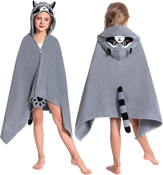 OLAOLA Raccoon Hooded Towel for Kids 3-12 Years, 28" x 53" Soft Thick Absorbent Beach Towels, Toddler Bath Towel Wrap, Swim Pool Towels Poncho for Boys Girls