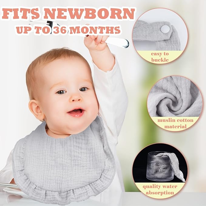 Seematn 10 Pcs Baby Muslin Bibs for Unisex Girls & Boys Drool Bibs Bandana Ruffle Soft Cotton for Newborn Infants Toddlers(Cool Colors)
