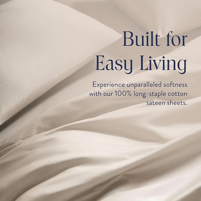 Brooklinen Luxury Sateen 4 Piece Sheet Set - 100% Cotton Bed Sheets, Soft & Durable King Size Sheet Set in Pebble, Oeko-TEX Certified Bedding Set, 1 Fitted Sheet, 1 Flat Sheet, 2 Pillowcases