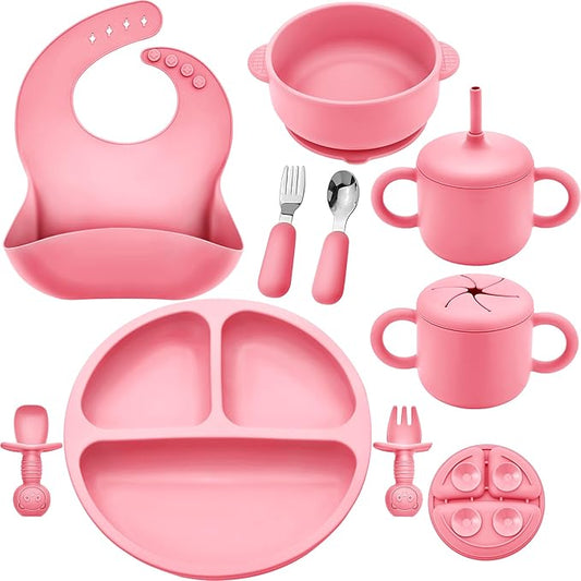 Bufims Silicone Baby Feeding Set, Baby Led Weaning Supplies, Eating Essentials Utensils with Suction Plate and Bowl, Pocket Bib, Sippy Cup with Lid, Forks Spoons Snack Container, for 6+ Months, Pink
