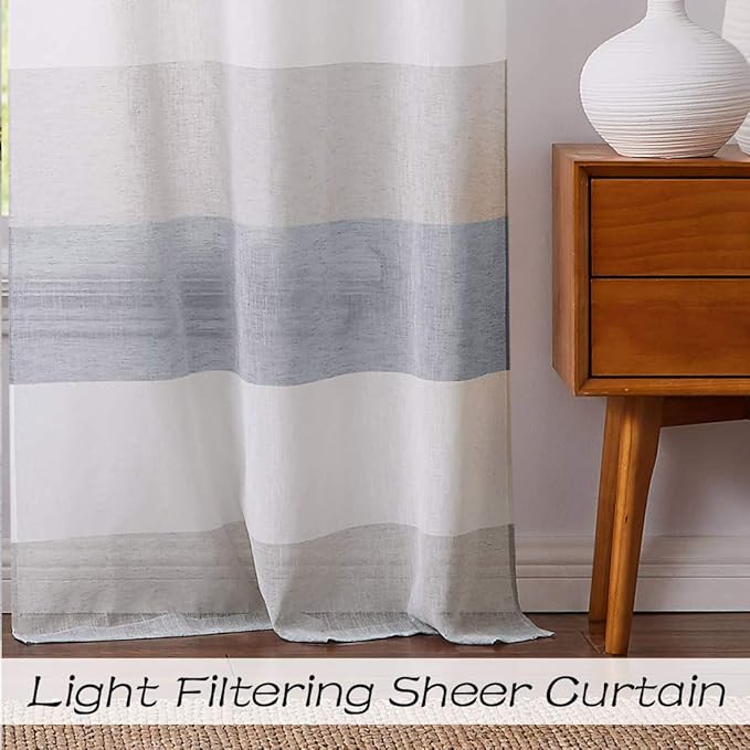 Central Park Gray and Smoke Blue Stripe Sheer Color Block Window Curtain Panel Linen Texture Window Treatment for Bedroom Living Room Farmhouse 102 Inches Long with Grommets, 40"x102"x2