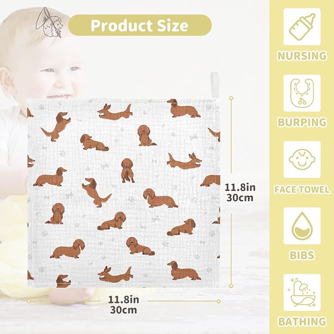 vvfelixl Baby Cotton Washcloths Dachshund Long Haired Infants Bath Towel for Unisex Face Towels for Newborn, Natural Baby Wipes Delicate Skin, 11.8 X 11.8 inch, one sizex3