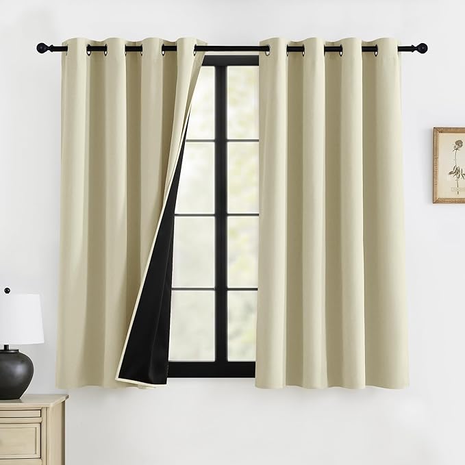 RYB HOME 100% Blackout Beige Curtains for Living Room, Heat Blocking Energy Efficient Farmhouse Window Drapes for Bedroom Nursery, 52 inches Wide by 63 inches Long, Light Beige, 2 Panels