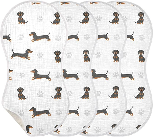Qinllo 4 Pack Muslin Burp Cloths Dachshund Dogs White Cotton Baby Burp Cloths Extra Absorbent and Soft Spit Up Rags for Baby Boys Girls 22x11 Inch