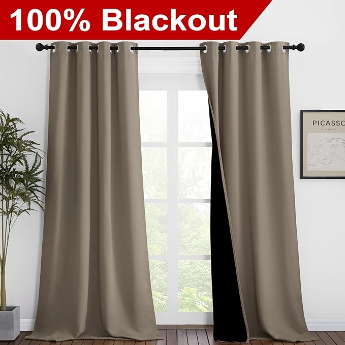 NICETOWN 100% Blackout Blinds, Set of 2, 46 inches x 96 inches, Laundry Room Decor Window Treatment Curtains for Large Patio Sliding Door, Thermal Insulated Taupe Curtains for Bedroom