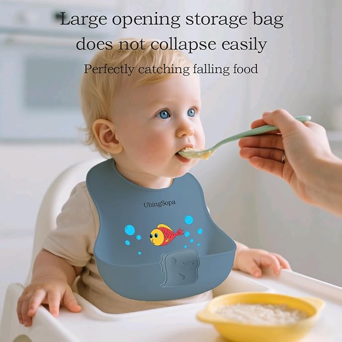 UBINGSOPA Silicone Baby Bibs – Adjustable, Soft, Waterproof & Durable, with Large Food-Catching Pocket, Feeding-Friendly
