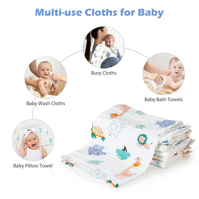 Maliton Muslin Baby Burp Cloths 6 Pack Large 20''x10'' 100% Cotton Burp Rags Absorbent and Soft 6 Layers Muslin Cloth Baby Essentials for Newborn(Animals and Cars, Pack of 6)