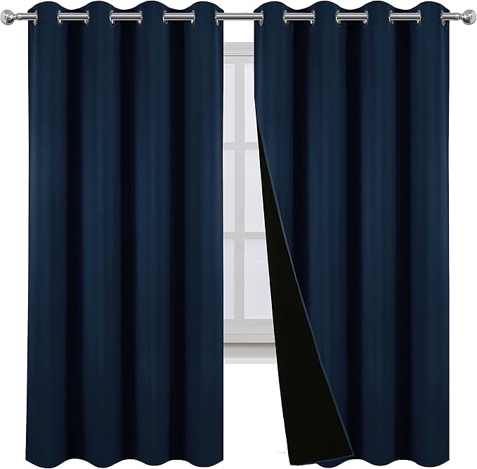 LEMOMO 100% Blackout Curtains 52 x 72 Inch Navy Blue Curtains 2 Panels Darkening Thermal Insulated Bedroom Curtains