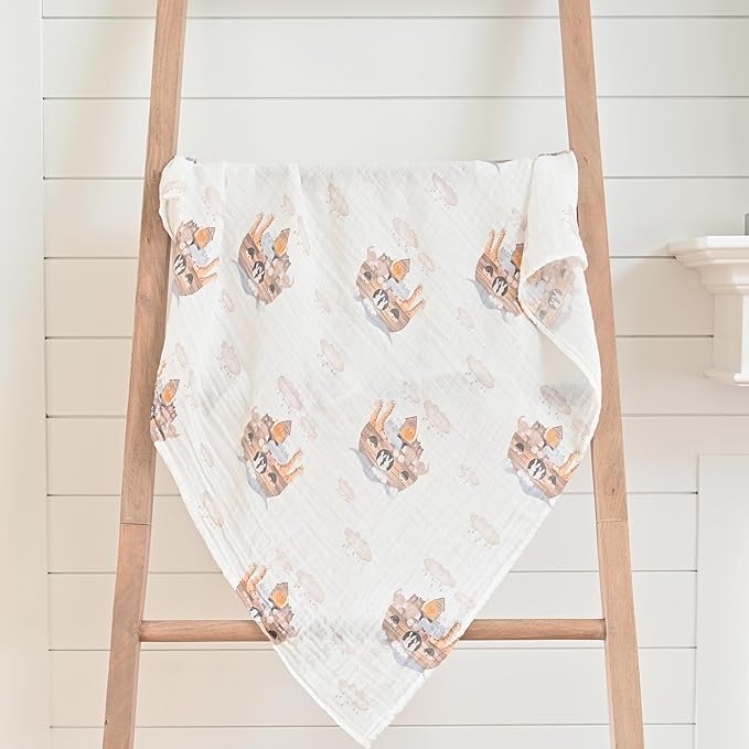 LollyBanks Muslin Swaddle Blankets 2PACK, 100% Cotton Baby Blanket 47 x 47 Inches, Large Baby Swaddle Breathable, Muslin Blankets for Boys and Girls (Child of God and Noah's Ark Print)