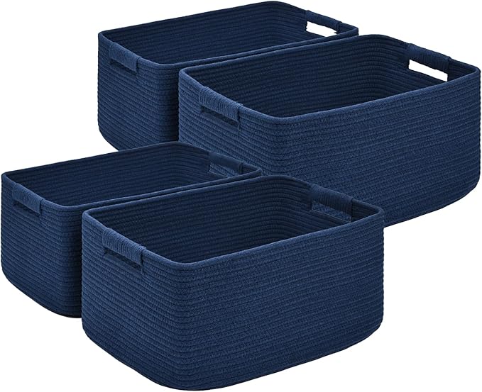 4 Pack Large Storage Basket for Organizing, 17.5"x13.5"x7.5" Woven Basket for Shelves, Closet Cube Storage Bins with Wrapped Handle, Cotton Rope Baskets for Kitchen, Clothes, Toys(Navy Blue)