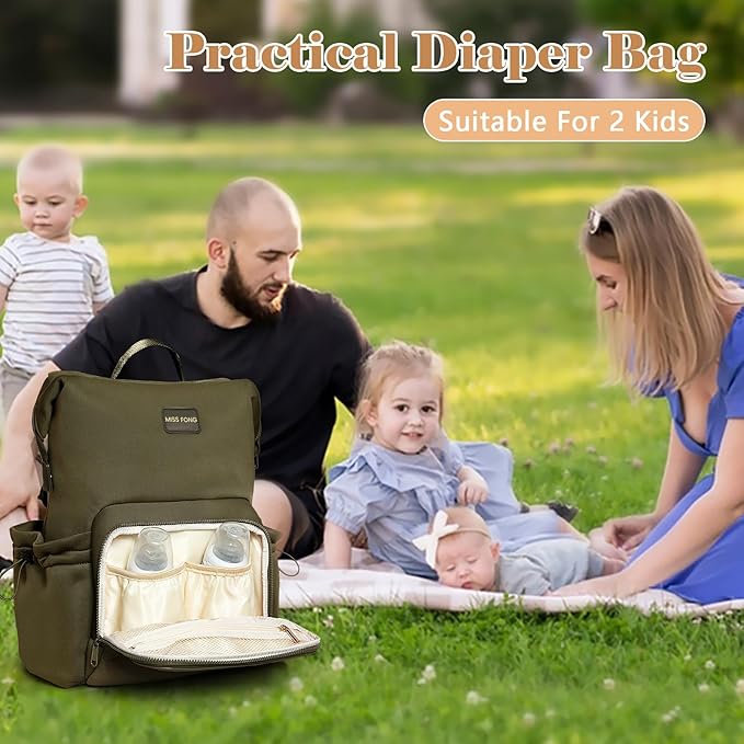 miss fong Diaper Bag Backpack - Baby Diaper Bag Neoprene Bag Large Capacity Neoprene Backpack with Diaper Changing Pad with 12 Pockets Pañaleras Para Bebe Baby Bag for Mom & Dad -Green