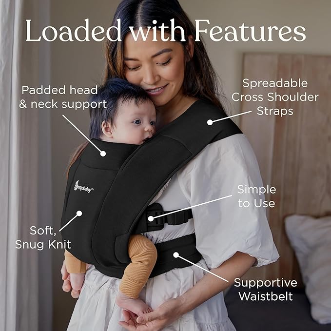 Ergobaby Embrace Baby Carrier Newborn to Toddler - Lightweight Ergonomic Baby Carriers - Cozy Essentials (7-25 Pounds), Ponte Knit, Pure Black