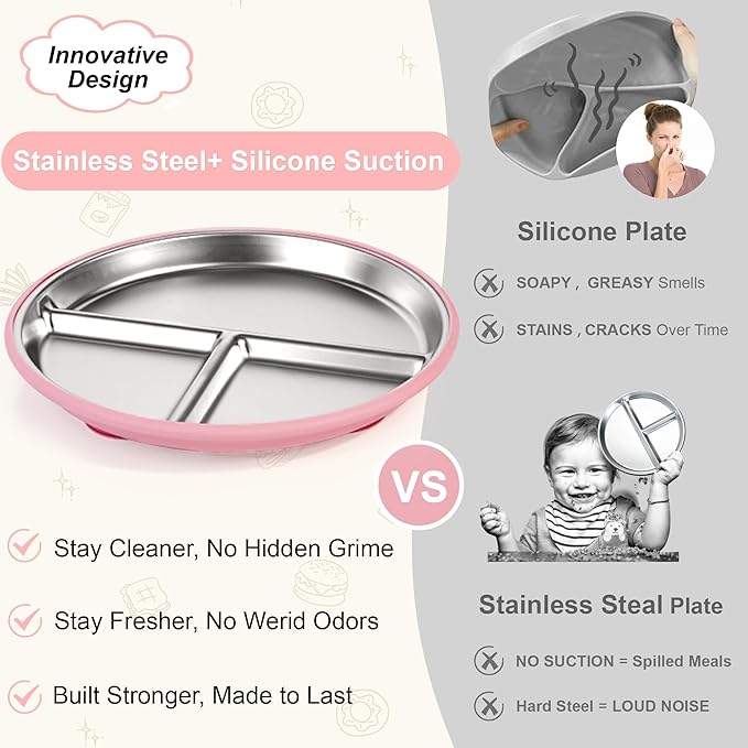 Bella's Friends Stainless Steel Toddler Plates Silicone Suction,3 Packs Non-Slip Baby Plates,Divided Portion,Food-Grade Silicone Plate for Kids,LEAD-FREE Dishwasher Safe, Blue Gray Beige