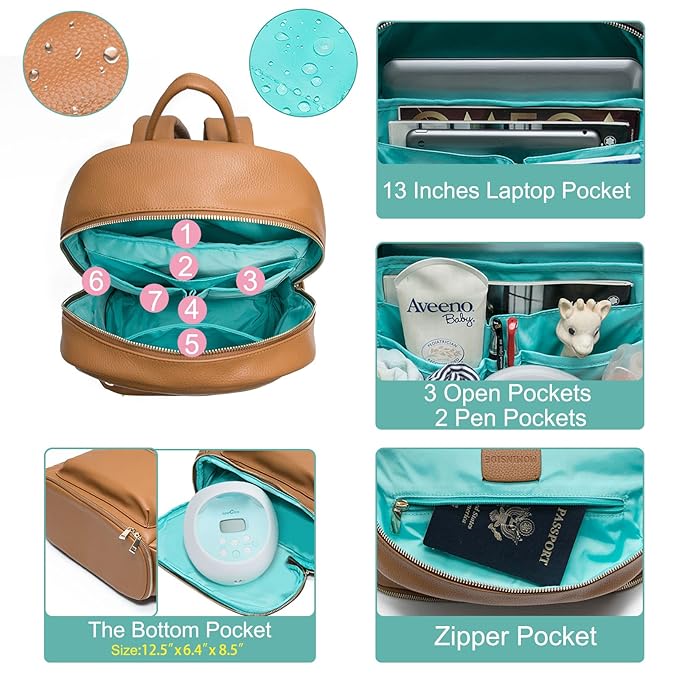 MOMINSIDE Diaper Bag Backpack, Diaper Bags Baby Diaper Bag 13 Pockets Leather Mini Baby Bag Backpack, Breast Pump Bag, 2 Insulated Pockets, Backpack Diaper Bag, Brown