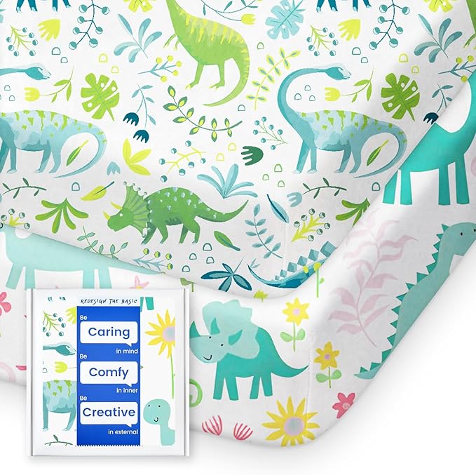 TotBasic Dinosaur Pack N Play Sheets Fitted, Ultra Soft Mini Crib Sheets for Boy, Premium Jersey Knit Pack and Play Sheets, Stretchy Neutral Play Yard Sheets for Pack and Play Mattress, 2 Pack