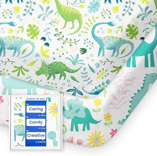 TotBasic Dinosaur Pack N Play Sheets Fitted, Ultra Soft Mini Crib Sheets for Boy, Premium Jersey Knit Pack and Play Sheets, Stretchy Neutral Play Yard Sheets for Pack and Play Mattress, 2 Pack