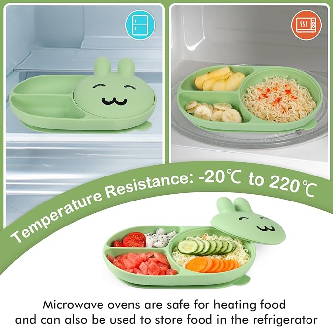 Silicone Baby Plate,Toddler plates,Self-feeding of infants after weaning, 100% Food Grade Silicone, BPA Free, Baby Dinnerware, Baby Plates With Suction, Divided Plate for Babies (green)