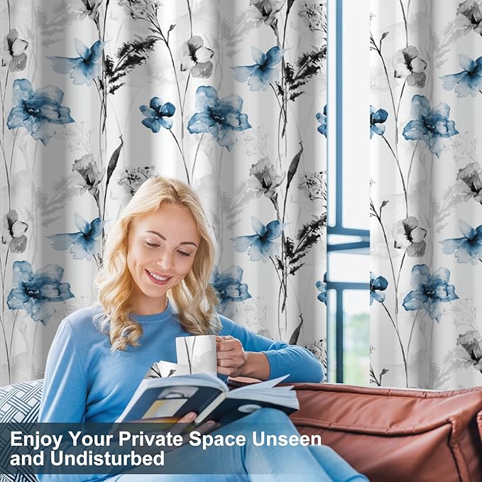 Watercolor Blue Floral Blackout Curtains for Living Room and Bedroom, Grommet Light Filtering Black Out Window Curtains 84 Inch Long 2 Panel Sets, Room Darkening Thermal Curtains for Winter Insulated