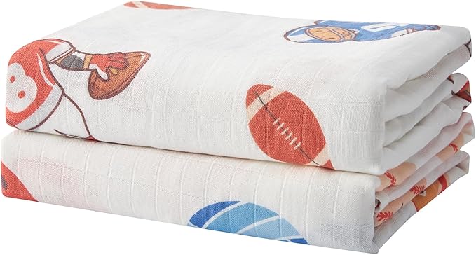 70% Rayon Made from Bamboo 30% Cotton Muslin Swaddle Blanket, 47 x 47 Inches, Sports Theme Baby Receiving Blanket, Soft and Breathable, Unisex, 2 Pack