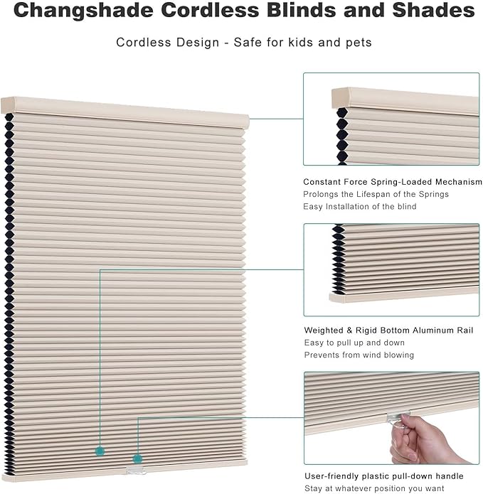 Changshade Cordless Cellular Shades, Blackout Honeycomb Shades for Windows, Pull Down Pleated Blinds, Easy to Install for Indoor Windows and French Doors,22" W x 48" H, Beige