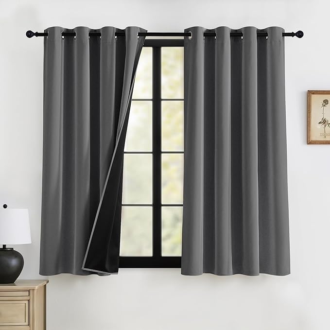 RYB HOME 100% Blackout Curtains 63 inches Length, Thermal Insulated Total Room Darkening Noise Reducing Curtains for Bedroom Dorm Sleep, 52 inches Wide by 63 inches Long, Grey