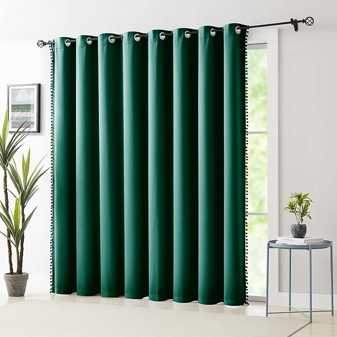 Treatmentex Blackout Patio Sliding Door Curtains Green Pom Pom Extra Wide Room Divider Thermal Insulated Window Curtain Drapes for Living Room Bedroom Chiasmas W100 x L84 1 Panel 7' Tall by 8.5' Wide