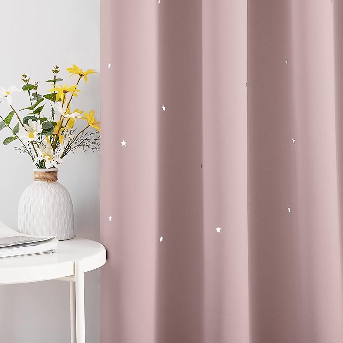 NICETOWN Blackout Kids Curtains for Baby's Room, 2 Panels Cutout Stars Romantic Starry Sky Space Theme Blackout Windows Curtains 63 inches Length, 52" Wide, Light Pink