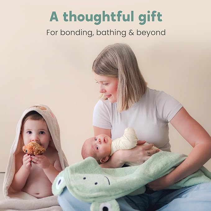 CuddleBug Premium Hooded Baby Bath Towel & Washcloth Set (Frog) - 100% Cotton Terrycloth Hooded Baby Towels for Newborn & Toddler, Super-Soft & Absorbent, Newborn Essentials (30" x 30") - Sage Green
