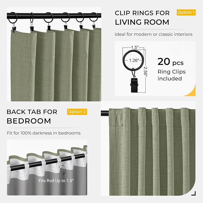INOVADAY 100% Blackout Curtains for Bedroom, Black Out Curtains 108 Inch Long, Polyester Blackout Drapes, Thermal Insulated Room Darkening for Living Room, 2 Panels - Light Sage Green, W50xL108