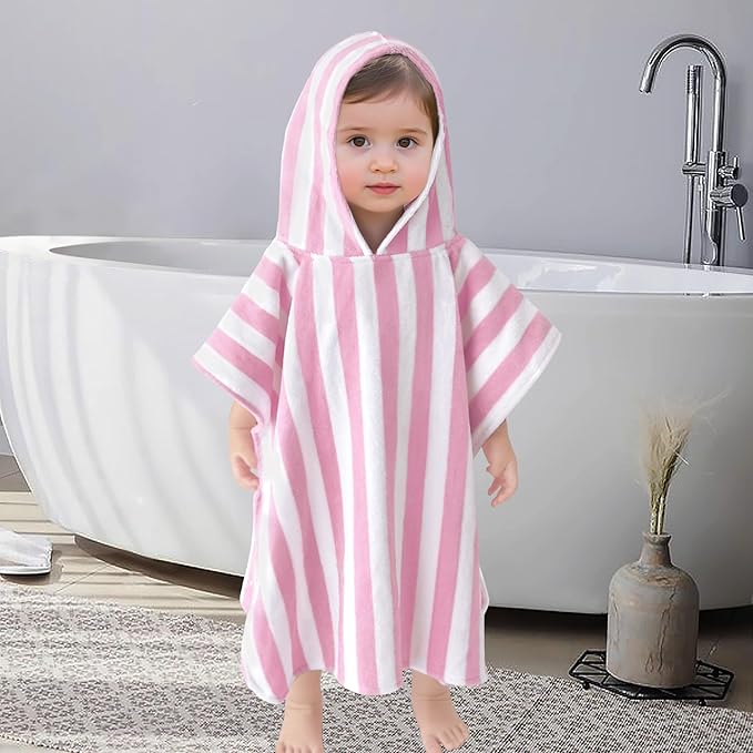 VOOVA & MOVAS Toddler Towels with Hood, Oversized (2-4Years,22"X22") Made from 100% Soft Cotton,Absorbent Hooded Poncho Towel for Baby Girls,Perfect for Pool | Swimming | Bath | Beach,Pink Stripe