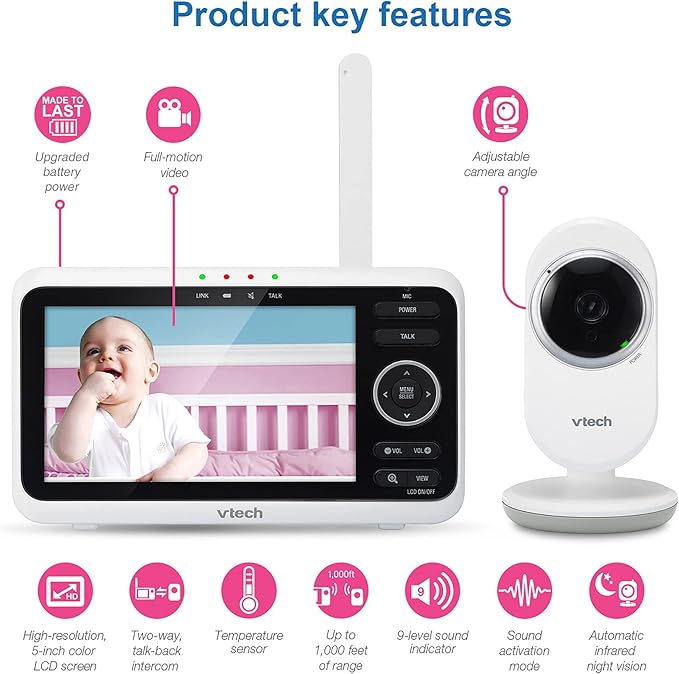 VTech VM350 No WiFi Video Baby Monitor - 5" High-Resolution Screen, Fixed Camera with 2X Zoom, 1000ft Range, Automatic Night Vision, 2-Way Talk, Lullabies, Temperature Sensor
