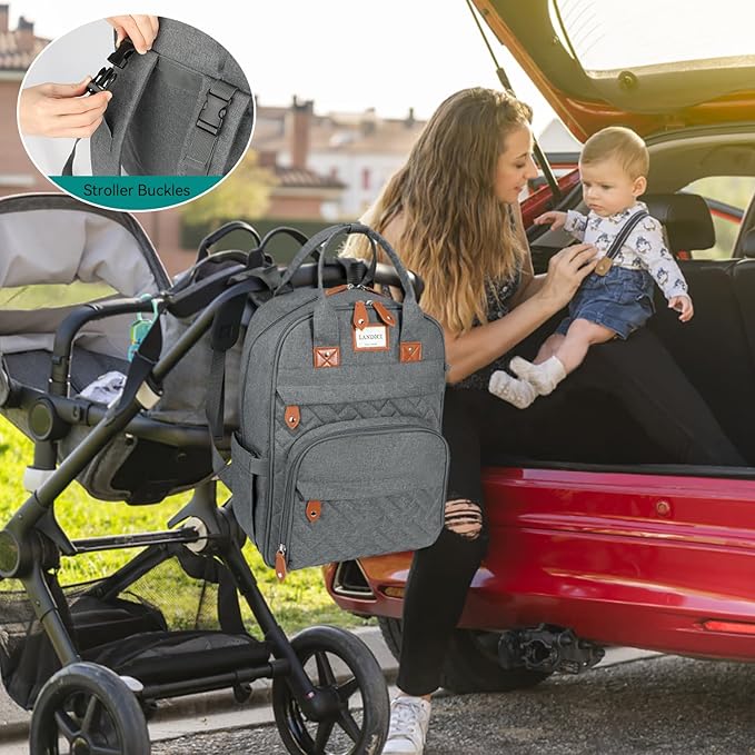 LANDICI Diaper Bag Backpack, Multifunction Baby Diaper Bags with Changing Pad, Stroller Straps & Pacifier Case, Travel Essentials Back Pack for Mom Dad Boy Girl, Large Capacity, Waterproof, Grey