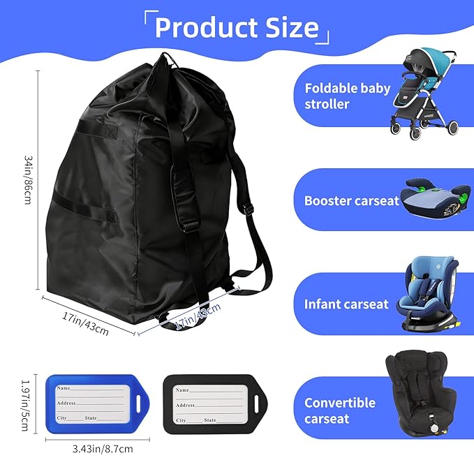 Car Seat Bag for Airplane Travel,Durable Padded Cover with Black Shoulder Straps, Fits All Car Seats, Includes 2 Luggage Tags, Waterproof Travel Bag for Air Travel