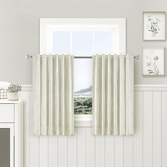 100% Blackout Kitchen Curtains - Back Tab/Rod Pocket Linen Curtain Thermal Insulated Textured Room Darkening for Small Window 2 Panels Set 52Wx45L Natural