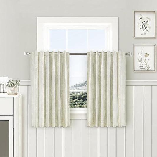 100% Blackout Kitchen Curtains - Back Tab/Rod Pocket Linen Curtain Thermal Insulated Textured Room Darkening for Small Window 2 Panels Set 52Wx45L Natural