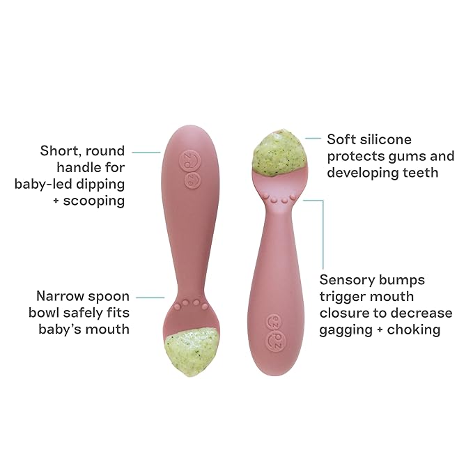 ezpz Tiny Spoon (2 Pack in Blush) - 6 Months+ - 100% Silicone Spoon for Baby Led Weaning + Purees - Designed by a Pediatric Feeding Specialist - Shower Essentials & Gifts