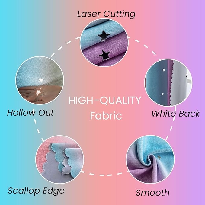 Curtains for Girls Bedroom Purple and Pink Kids Curtain Star Cutout Rainbow Curtains for Girls Room Decor Window Nursery Curtain 63 inches Long Room Darkening Grommet, 2 Panels, W52 x L63