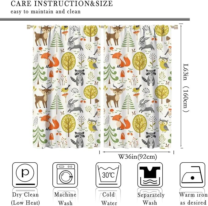 Kids Safari Animal Curtains Boy Girl Bedroom Decor Cartoon Woodland Bear Child Nursery Colorful Wildlife Jungle Forest Living Room Window Drapes Fabric 2 Panels 72W x 63L Inch
