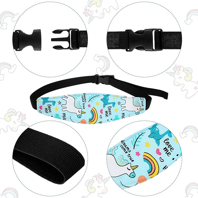 HESTYA 2 Pieces Baby Carseat Head Support Band Strap Headrest Stroller Seat Sleeping Headrest Neck Relief Head Strap Headband for Kids Children Toddler Infant(Unicorns and Dinosaurs)