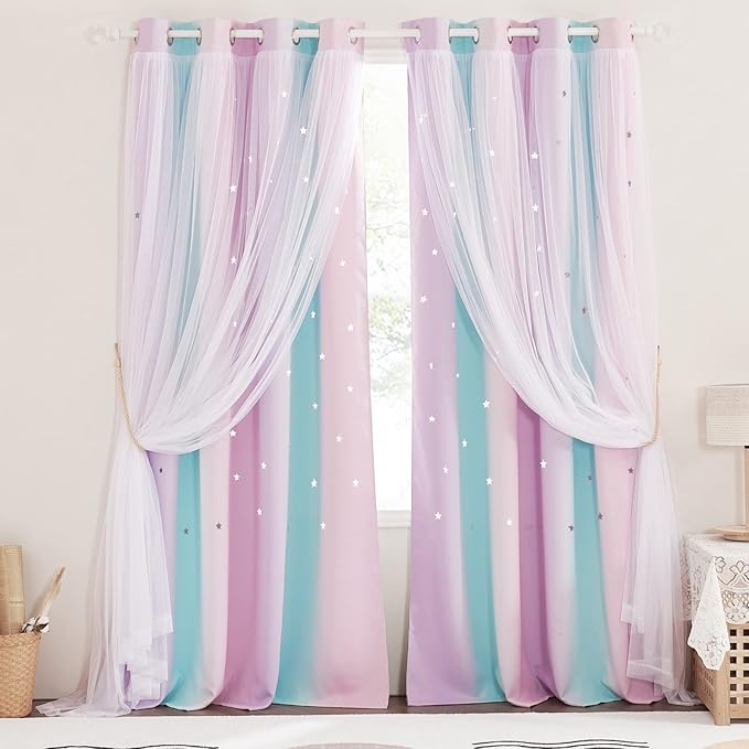 NICETOWN Blackout Curtains for Bedroom, Star Hollow-Out Nursery Nursery Rainbow Ombre Curtains for Classroom Living Room, 52 x 72 inch, Set of 2, Blue & Purple & Pink