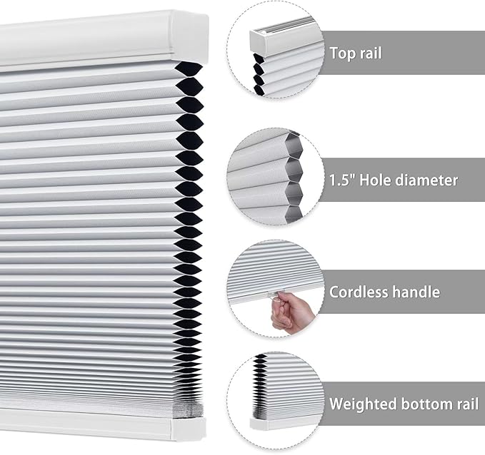 Changshade Cellular Shades Cordless Blinds Blackout for Indoor Windows, Honeycomb Blind Room Darkening Shade 1.5'' Single Cell Pleated, Easy to Install Shade Size 24" Wide x 50" Height, White