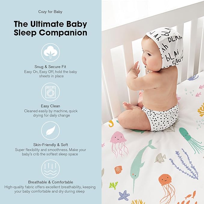 Bimocosy Pack and Play Sheets Fitted 4 Pack, 38 x 26 Inch Pack n Play Mini Crib Sheets for Boys and Girls, Soft Stretchy Playard Mattress Sheets for Graco Pack n Play, Ocean Friends