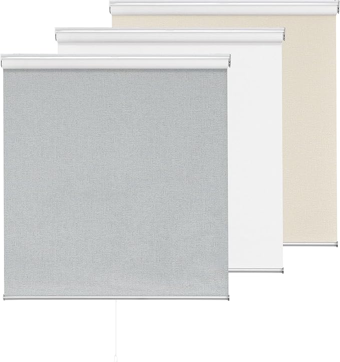 ChrisDowa Cordless 100% Blackout Roller Shade, with Striped Jacquard, Thermal Insulated, UV Protection Fabric, Total Blackout Blinds for Window, French Doors, Home and Office. Light Grey, 30"W x 72"H