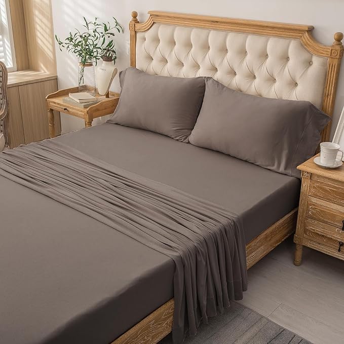 PURE ERA Jersey Knit 4pc Bed Sheet Set 100% T-Shirt Cotton Super Soft Comfy Breathable Fits Mattress Up to 20" Extra Deep Pocket (Solid Brown, Full)