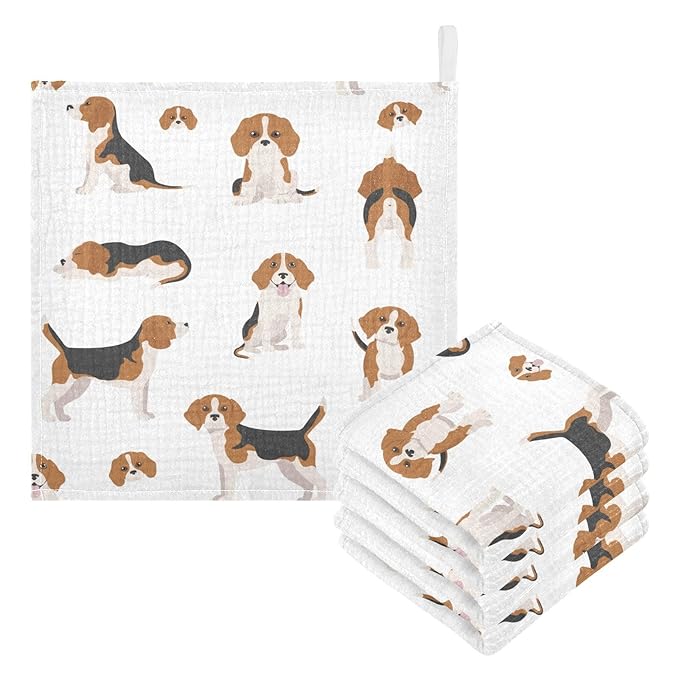 vvfelixl Beagle Puppy Baby Burp Cloths Baby Muslin Washcloths for Boys Girls Cotton Baby Face Towel for Newborn Infants Soft and Absorbent 11.8 X 11.8 in, 5 Pack